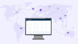 Cover Image for KYC Partners Page with a Screen, a World Map and multiple connections between icons.