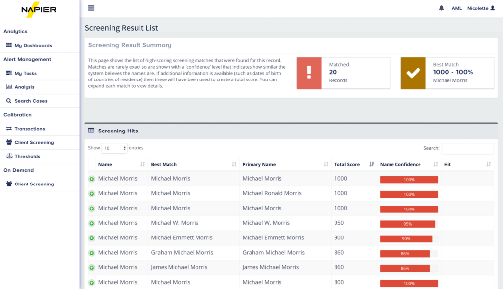 Napier AI AML compliance software screenshot
